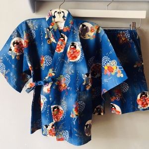 Vintage Asian Japanese Kimono Shorts Set for Kids
